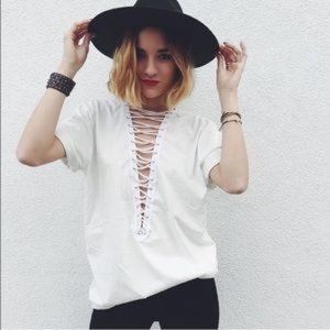 LF Emma & Sam White Lace Up Oversized T shirt